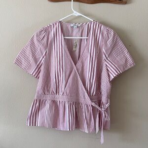 Madewell Striped Ruffle Hem Wrap Top Side Tie 100% Cotton NWT size L
